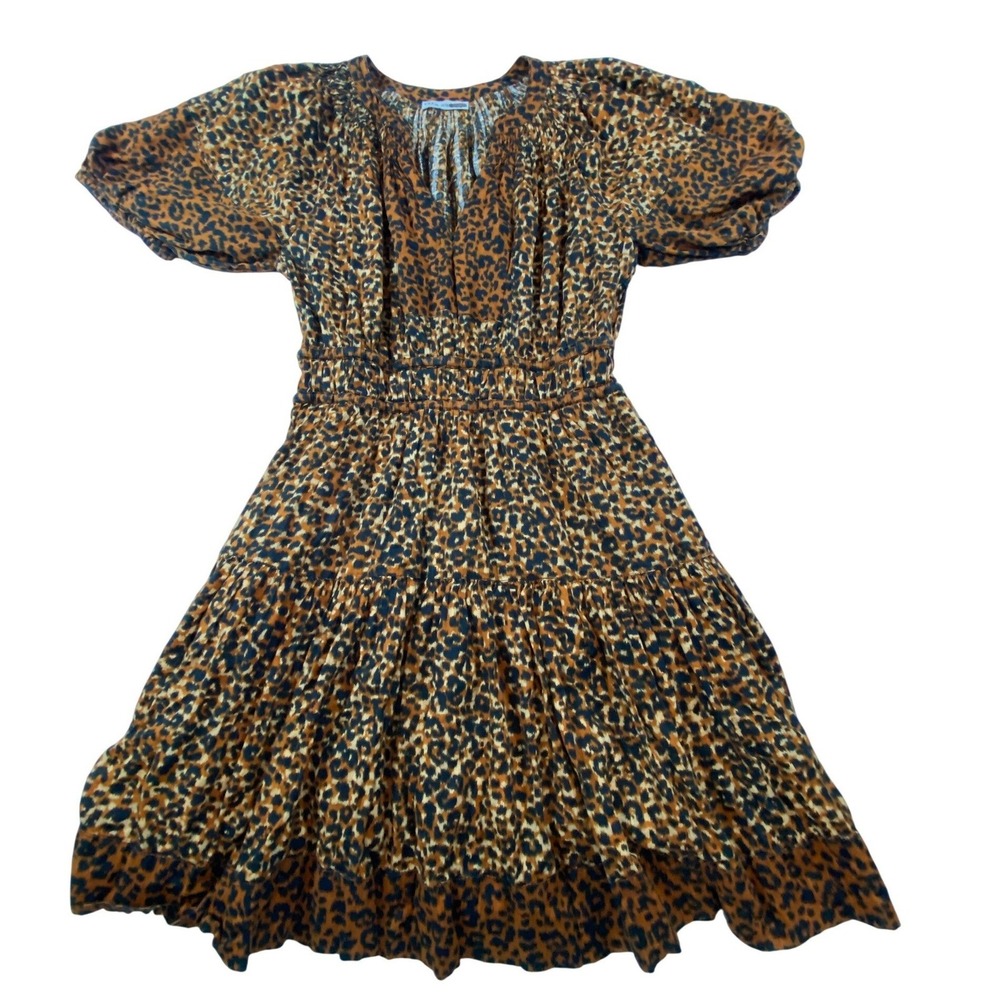 Ulla Johnson Leopard Print Mini Dress Brown V-Neck Puff Sleeve Smocked Waist 2 - Picture 2 of 15